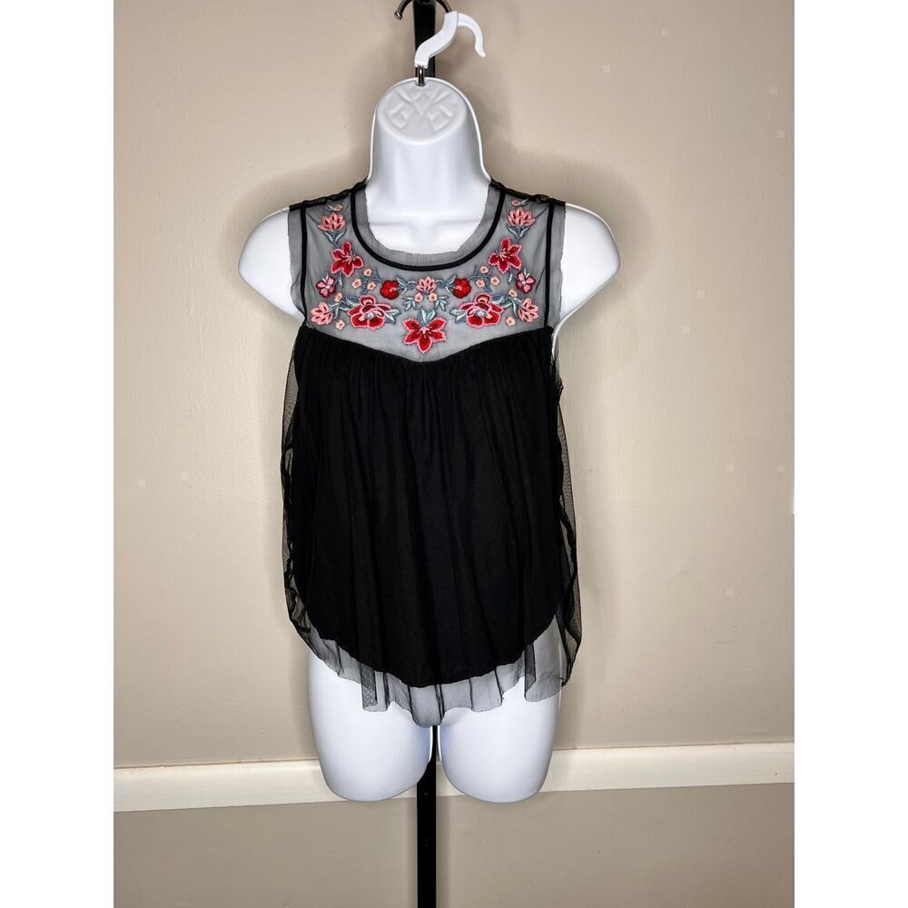 ☀️Hollister Black Floral Embroidered Mesh Sleeveless Tank Top Size XS